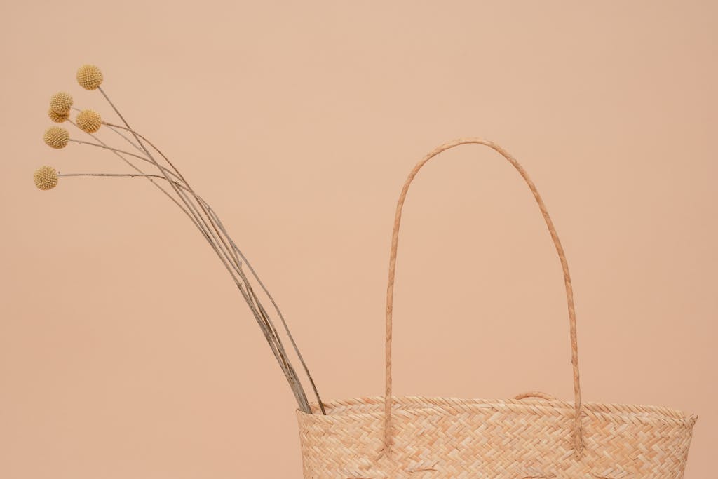 Aesthetic arrangement of dried pycnosorus in a woven basket against a beige background.