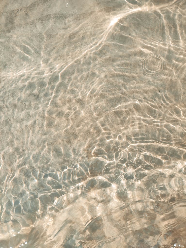 Clear shallow water reflecting sunlight on a sandy beach, creating a serene visual texture.